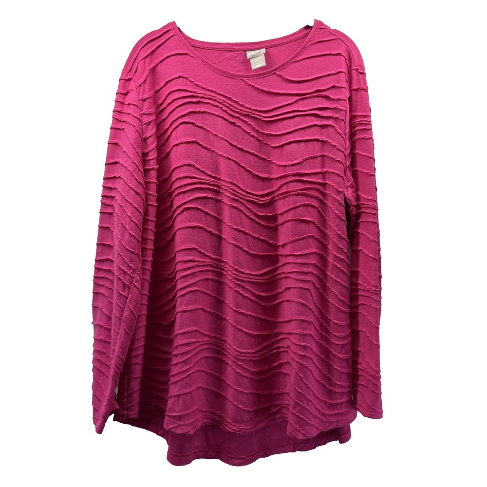Chicos Womens Tunic Top Size XL 3 Pink Textured Long Sleeve Pullover Stretch